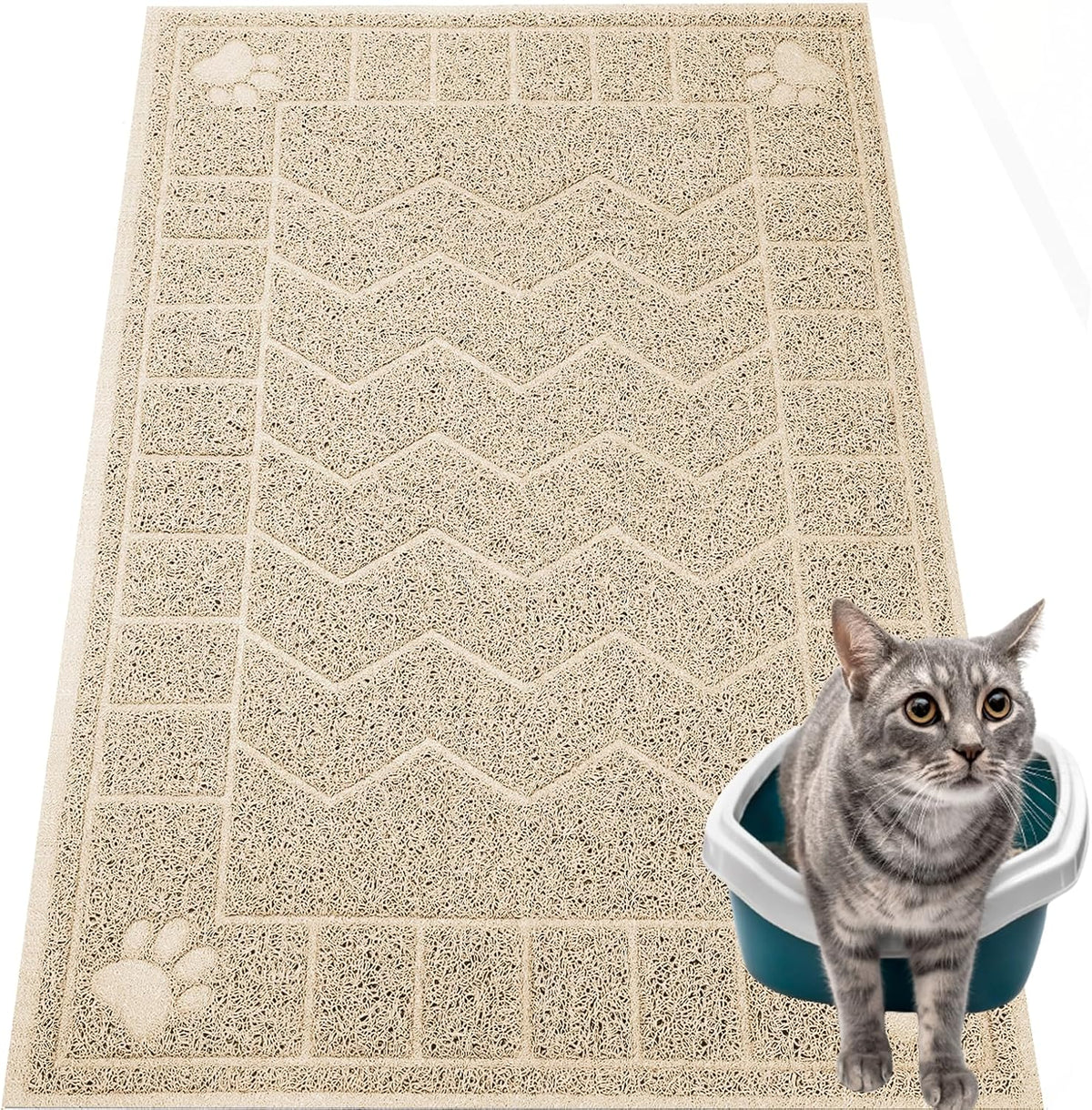 Cat Litter Box Mat, 47" x 35" Large Waterproof Litter Trapping Mat – Daily Care for Cats - Beige / X-Large（35" x 24" )