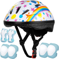 Lamsion Adjustable Kids Bike Helmet with Knee Elbow Wrist Pads - White
