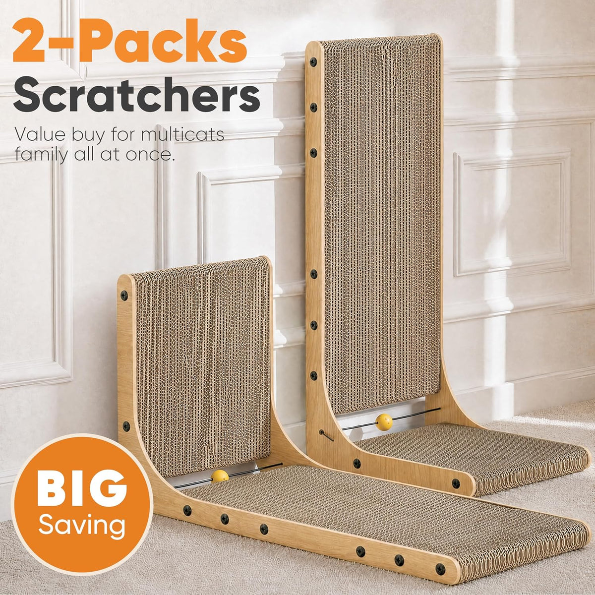 FUKUMARU Cat Scratcher, 26.8 Inch L Shaped Cat Scratch Pad for Indoor Cats – Essentials for Cats - 2 Pack 25 in Wood Color - image 2