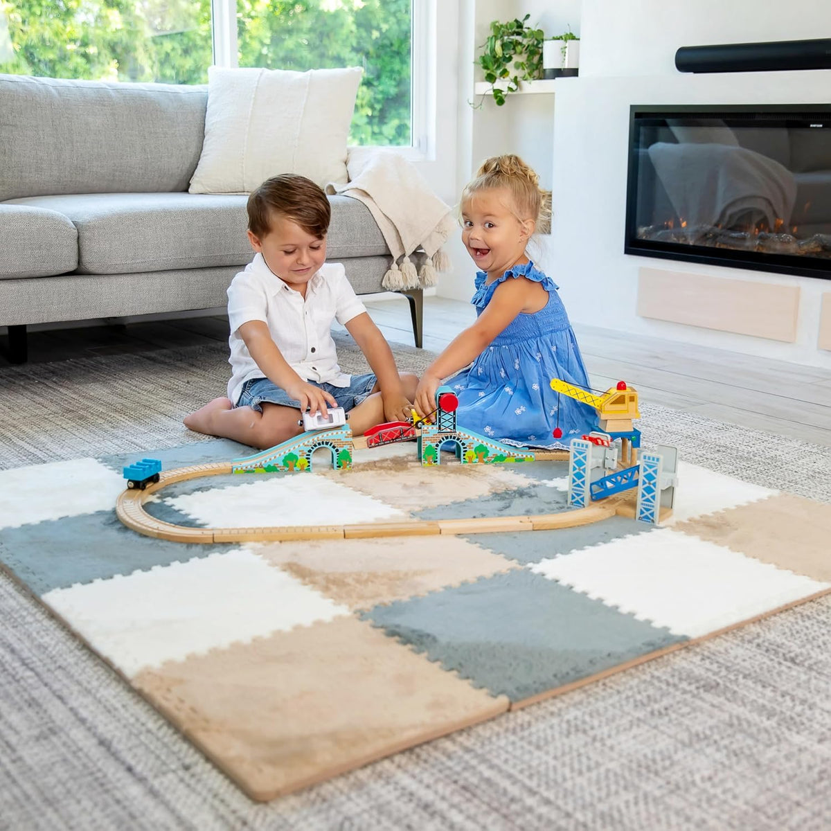 16 Carpet Squares Puzzle Mat 49" x 49" Baby Mat for Floor - Light Brown,gray,white - image 4