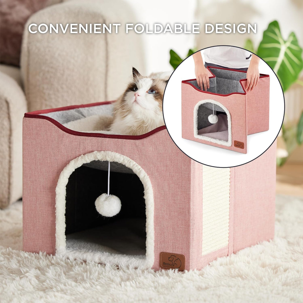 Bedsure Cat House Bed for Indoor Cats with Fluffy Ball and Scratch Pad - Pink / Single - image 3