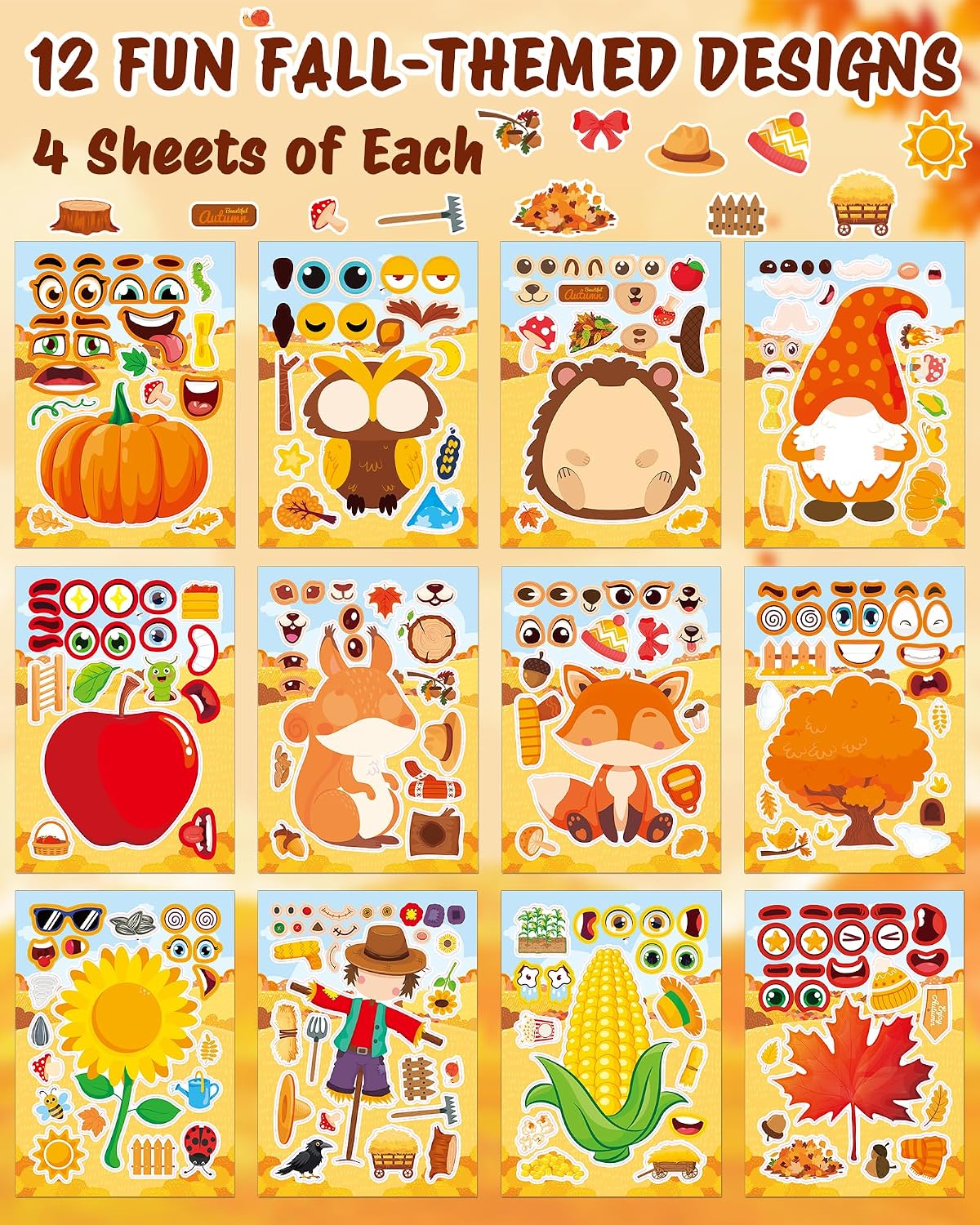 48 Fall Make-a-Face Sticker Sheets for Kids - Fall Harvest - image 2