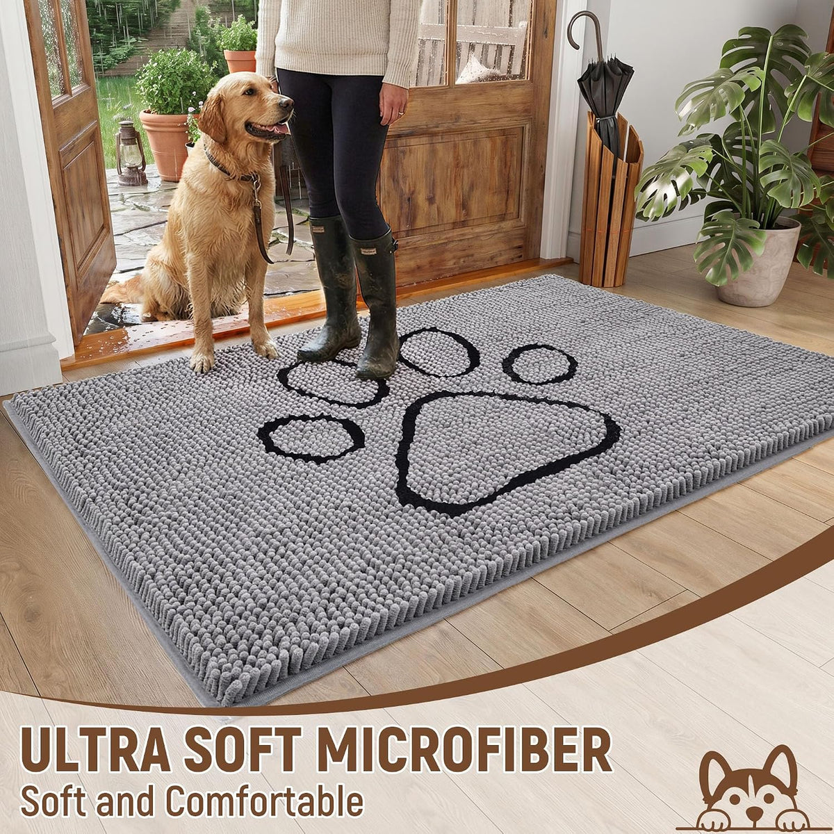Absorbent Dog Door Mat for Muddy Paws - 72"L x 48"W x 1" Th / Grey with Paw - image 2