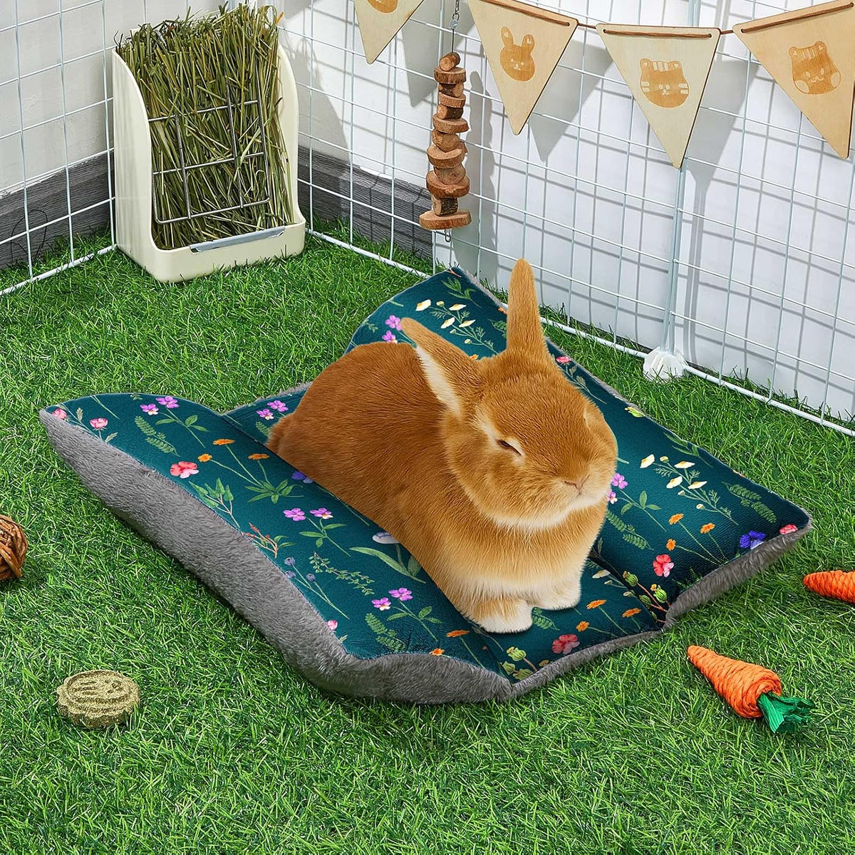 15"x14" Soft Plush Rabbit Bed Washable Cuddle Mat for Small Pets – Daily Care for Small Pets - Dark Green Flowers / Medium - image 2