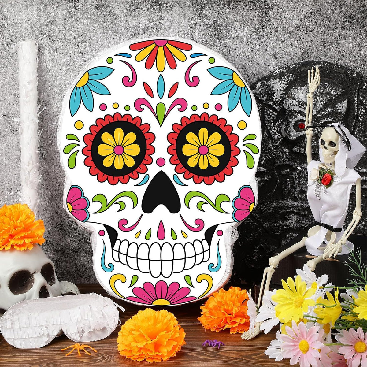 Aoriher Halloween skull piñata with bat stick, blindfold and square confetti - view 14