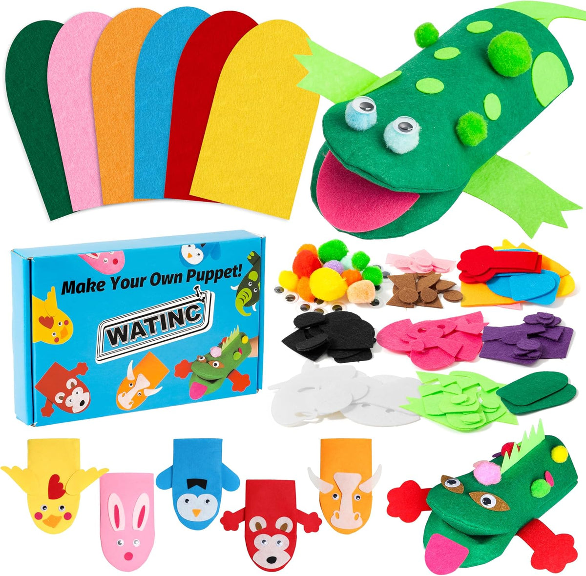 WATINC Hand Puppet Making Kit, Felt Sock Puppet Toys for Kids – Fun for Kids & Family - Animals
