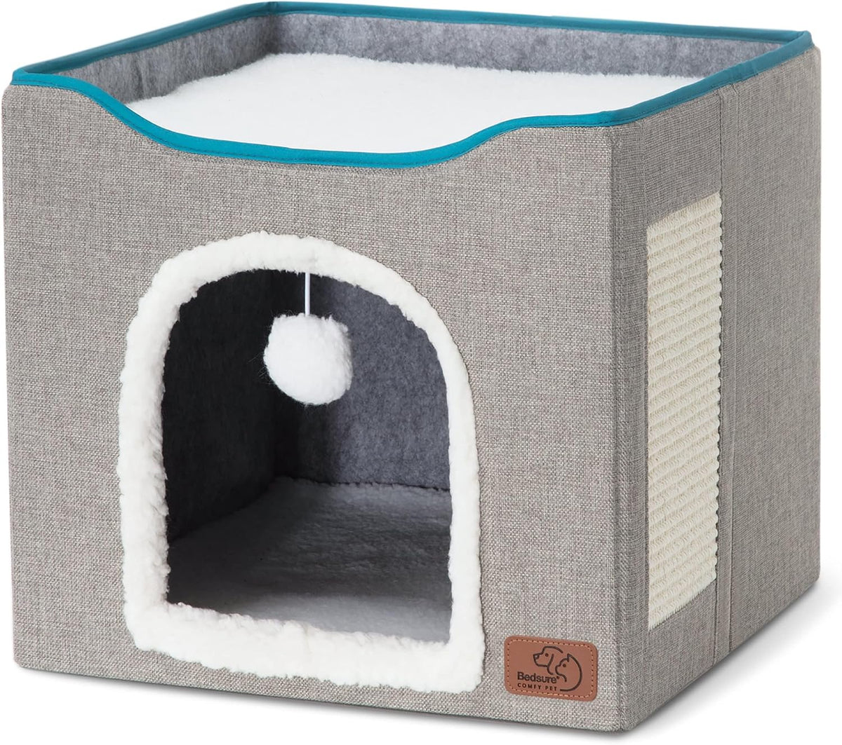 Bedsure Cat House Bed for Indoor Cats with Fluffy Ball and Scratch Pad - Grey / Single - image 4