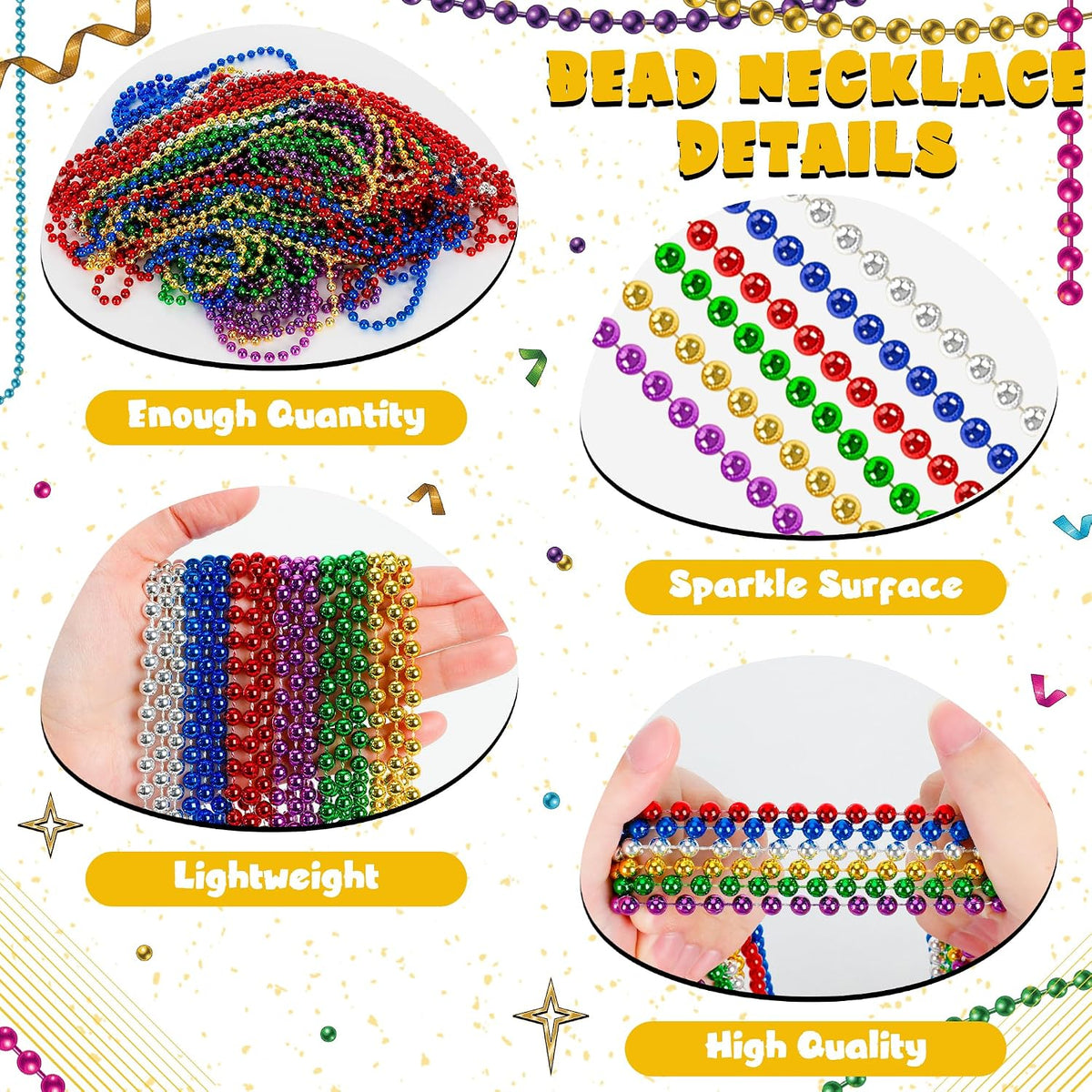 Huskein Bead Necklace, 33" Colorful Mardi Gras Beads Necklaces - 6Colors / 12 - image 3