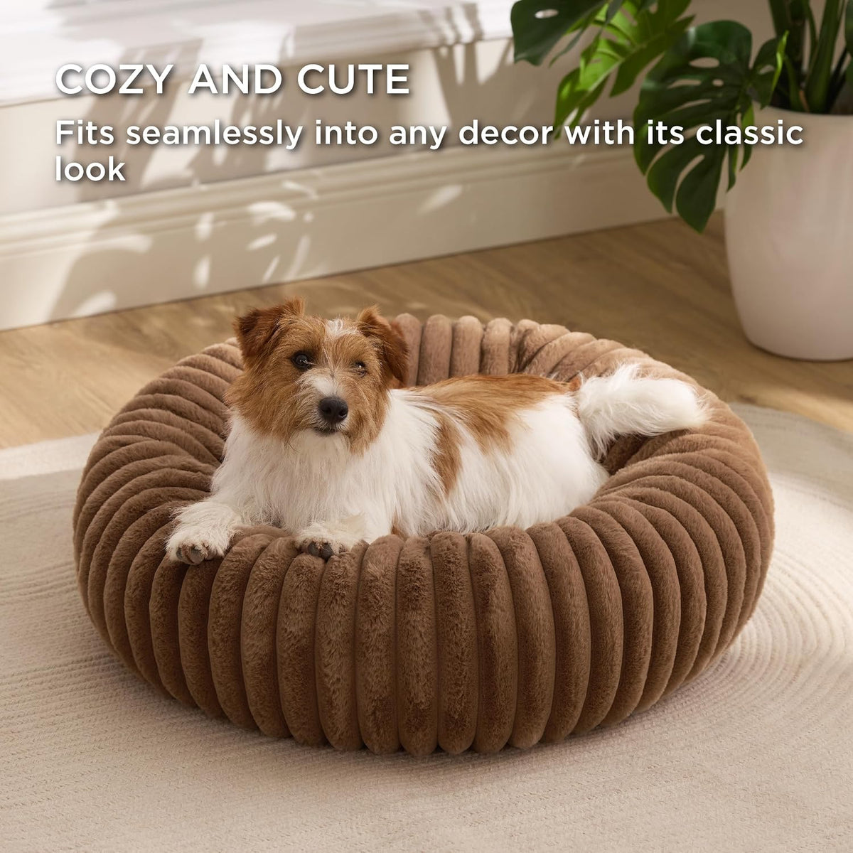 Bedsure ComfyFleece Donut Dog Bed Medium Size Dog with Washable Cover – Essentials for Dogs - S Plus (27x27x8) / Camel Brown - image 4