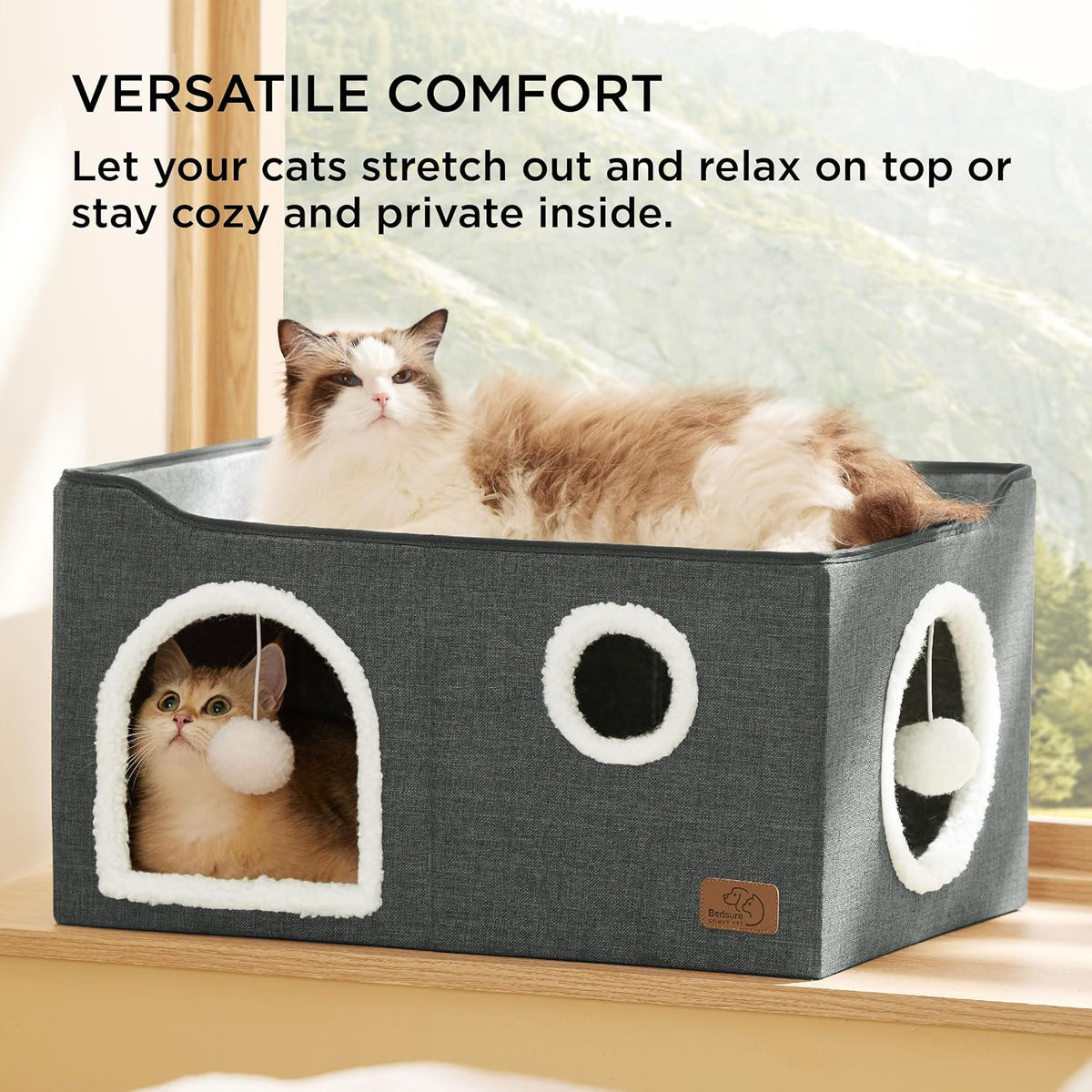 Bedsure Cat House Bed for Indoor Cats with Fluffy Ball and Scratch Pad - Dark Grey / Widen - image 3