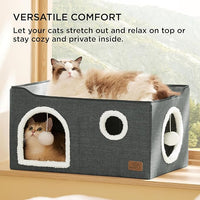 Bedsure Large Cat Beds for Indoor Cats - Extra Wide Cat Cube House for Small Pet with Fluffy Ball Hanging and Scratch Pad, Foldable Pet Cave Hideaway for Multiple Cats, 23.6x16.9x13 inches, Dark Grey