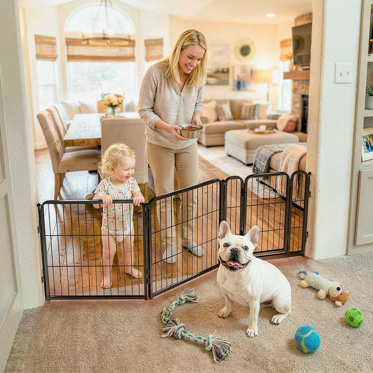 FXW Dog Gate, Extra Wide Adjustable for Openings Up to 219" - Black / Up to 69" W【2 Panels + 1 Door】 / 24"H