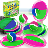 Officygnet ball catch game with pink and green sticky paddles, balls and storage bag - view 2