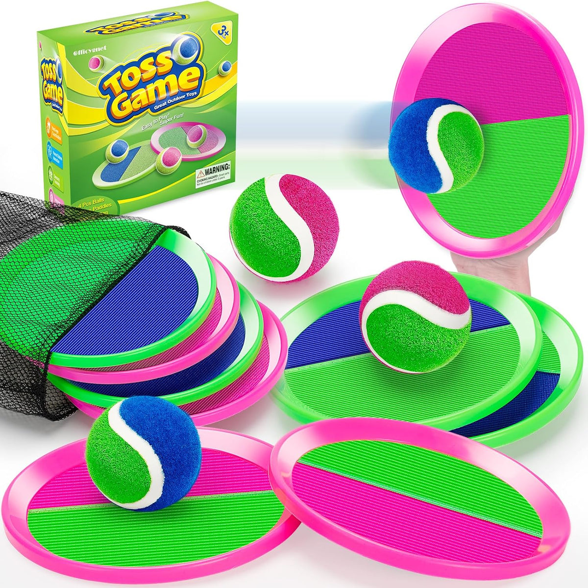Officygnet ball catch game with pink and green sticky paddles, balls and storage bag - view 2