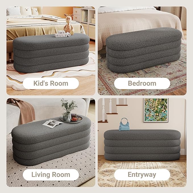 Storage Ottoman Bench 49.2 Inch Upholstered Fabric Storage Bench for Bedroom End of Bed Aesthetic Large Oval Ottoman for Living Room(Grey)