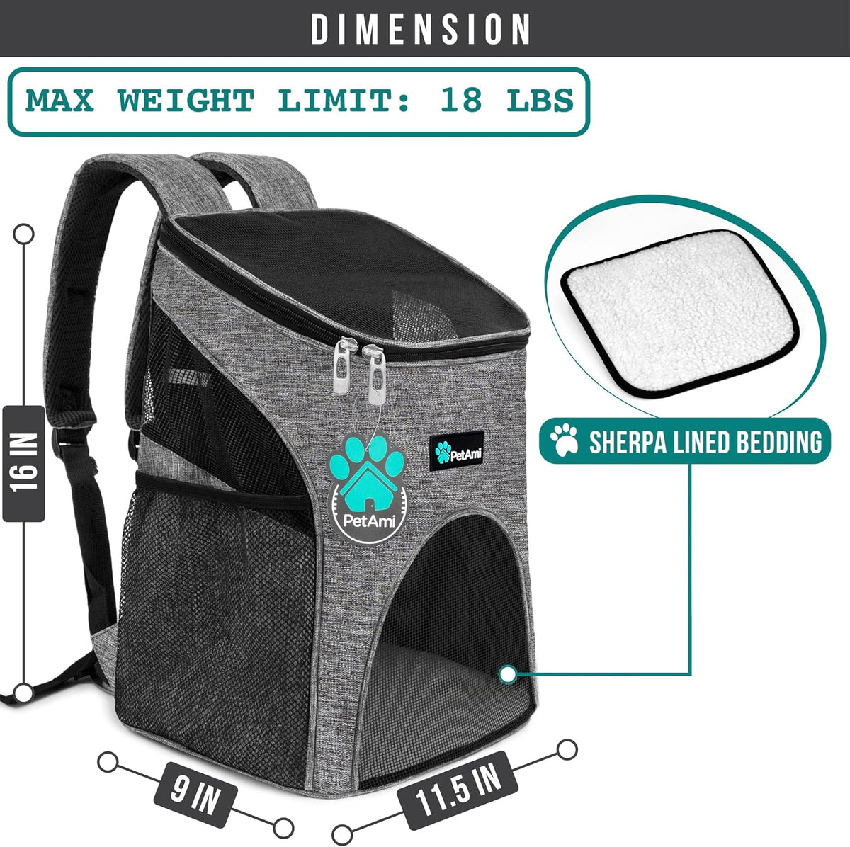 PetAmi Cat Backpack Carrier for Small Dogs and Large Cats - Heather Gray - image 2
