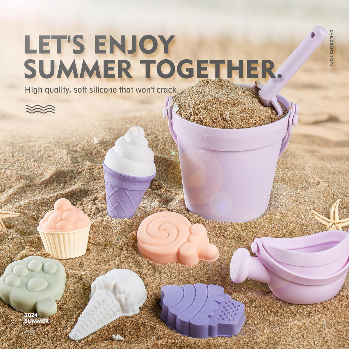 MarcZero silicone beach toys set with bucket, watering can, shovel and sand molds in pink - view 7