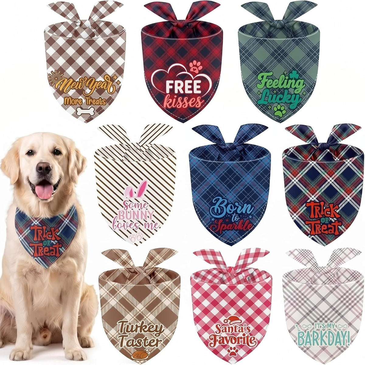 9 Pack Holiday Dog Bandanas - Plaid Holiday