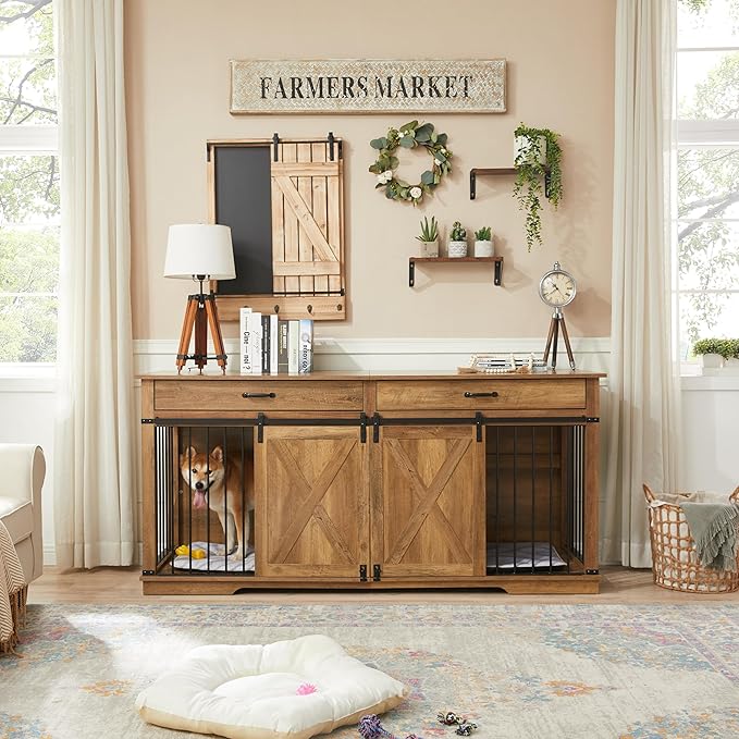 72.5" Extra Large Furniture Style Double Dog Crates for Large Breeds, XXL Wooden Dog Kennel Furniture with Drawers, Divider, Water Resistant & Barn Door for 2 Dogs, Rustic Oak