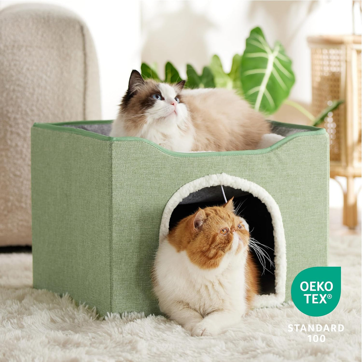 Bedsure Cat House Bed for Indoor Cats with Fluffy Ball and Scratch Pad - Green / Single - image 4