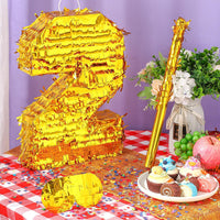 Sratte gold foil number piñata set with gold blindfold, piñata stick and bag of confetti - view 28
