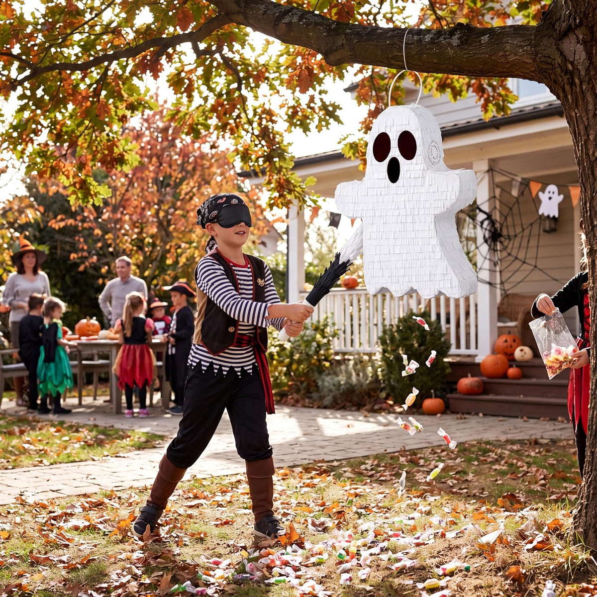JOYIN Pumpkin Piñata Set, Foldable 10.5 x 16 Inch Jack-O’-Lantern Piñata with Stick and Blindfold - Ghost Pinata Set-3pcs - image 2
