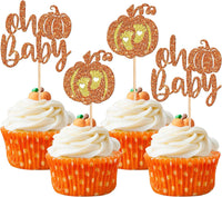 24 PCS Pumpkin Oh Baby Cupcake Toppers Glitter Fall Theme pumpkin - Design 11 Orange