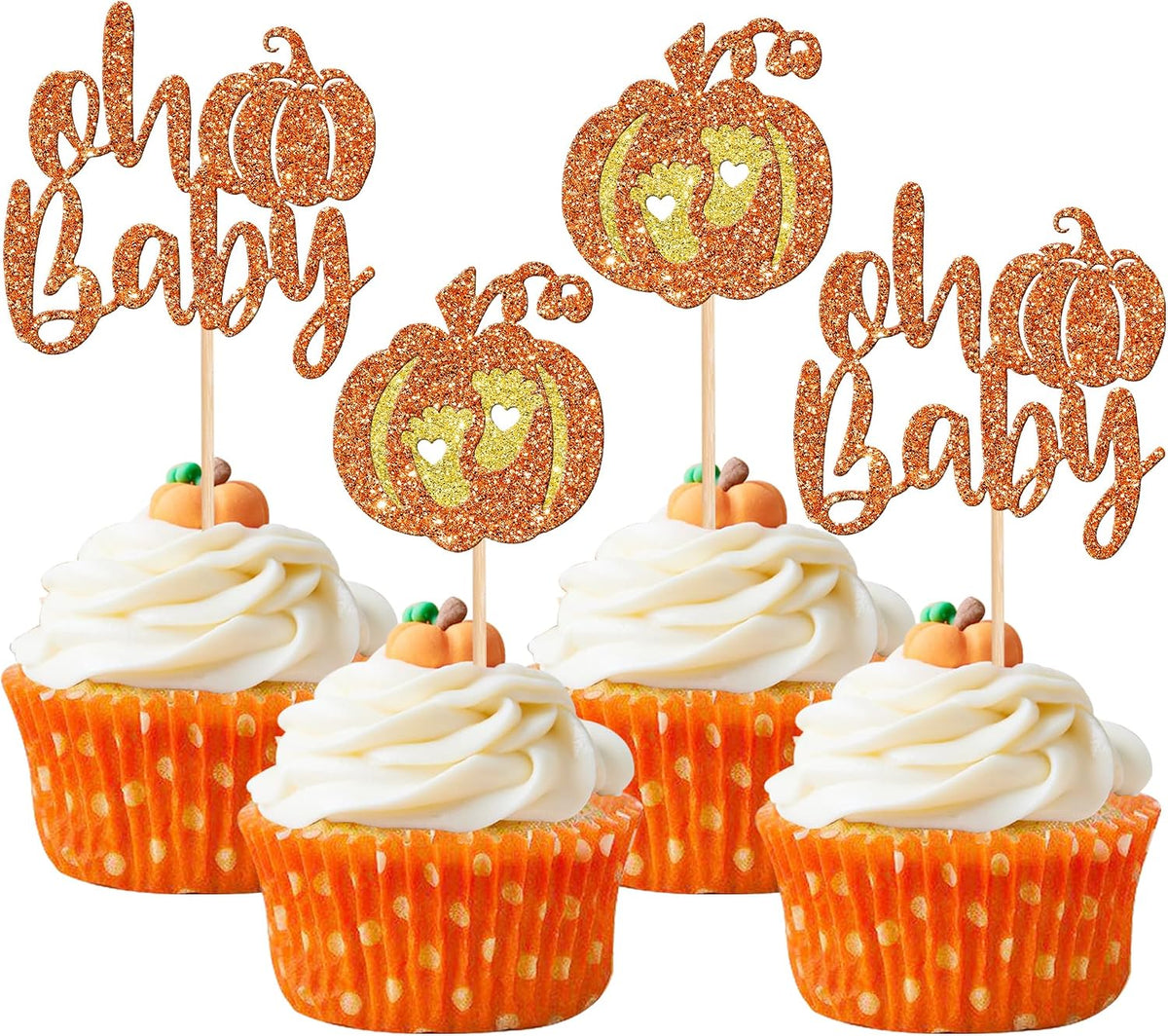 24 PCS Pumpkin Oh Baby Cupcake Toppers Glitter Fall Theme pumpkin - Design 11 Orange