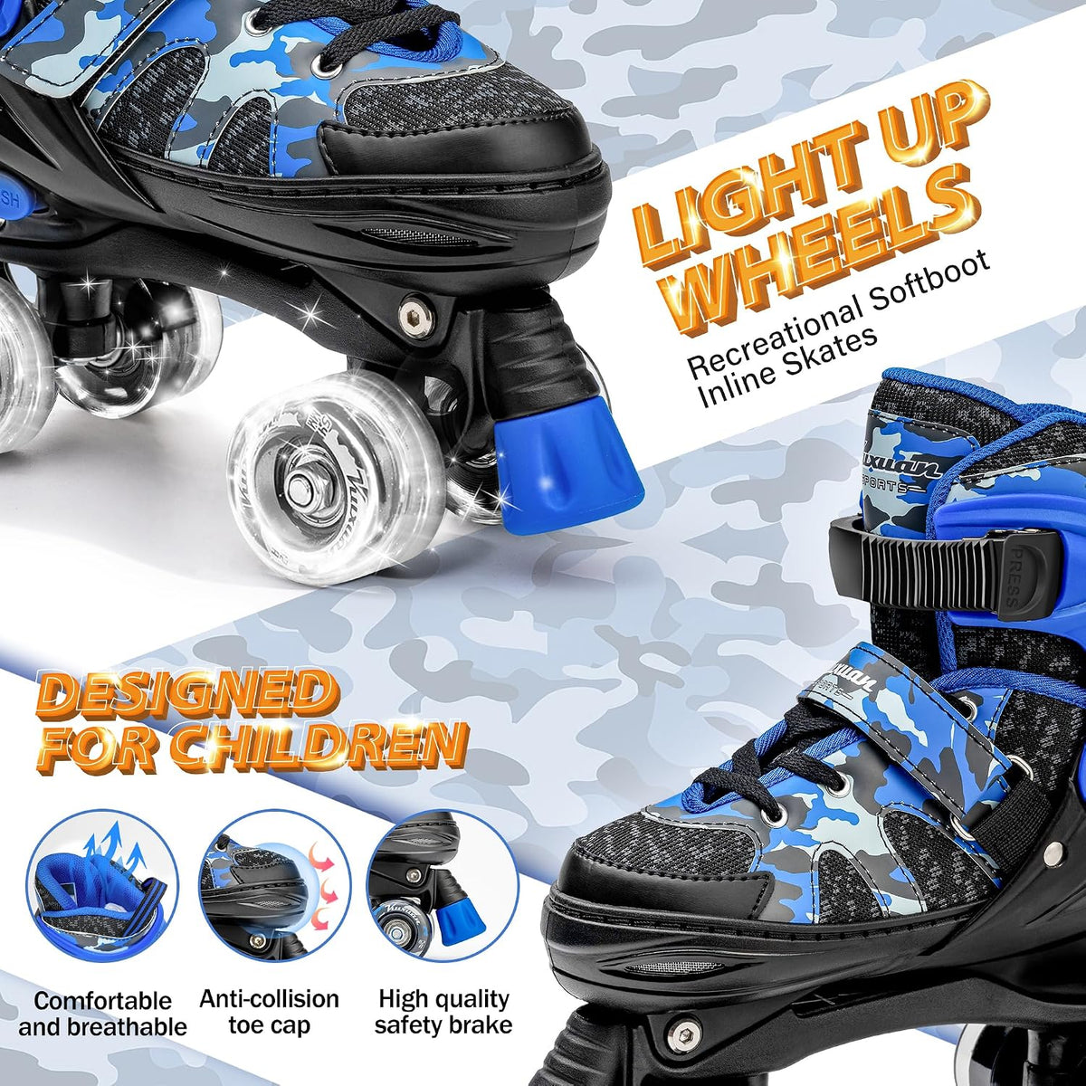 Kuxuan Adjustable Roller Skates with Fun Illuminating Rollerskate - Camo Blue / Large - Youth(4-7US) - image 2