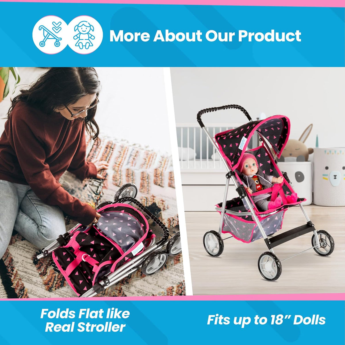 Baby Doll Stroller, Pram for Girls, Umbrella Stroller for Kids - Black in Triangles - image 3