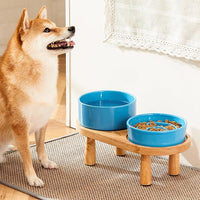 Ceramic Slow Feeder and Water Bowl Set for Small Dogs, Ceramic Dog Bowls Elevated with Wooden Stand, 0.6 Cups Dog Slow Feeder(14oz) and 30oz Water Bowl Set, Blue