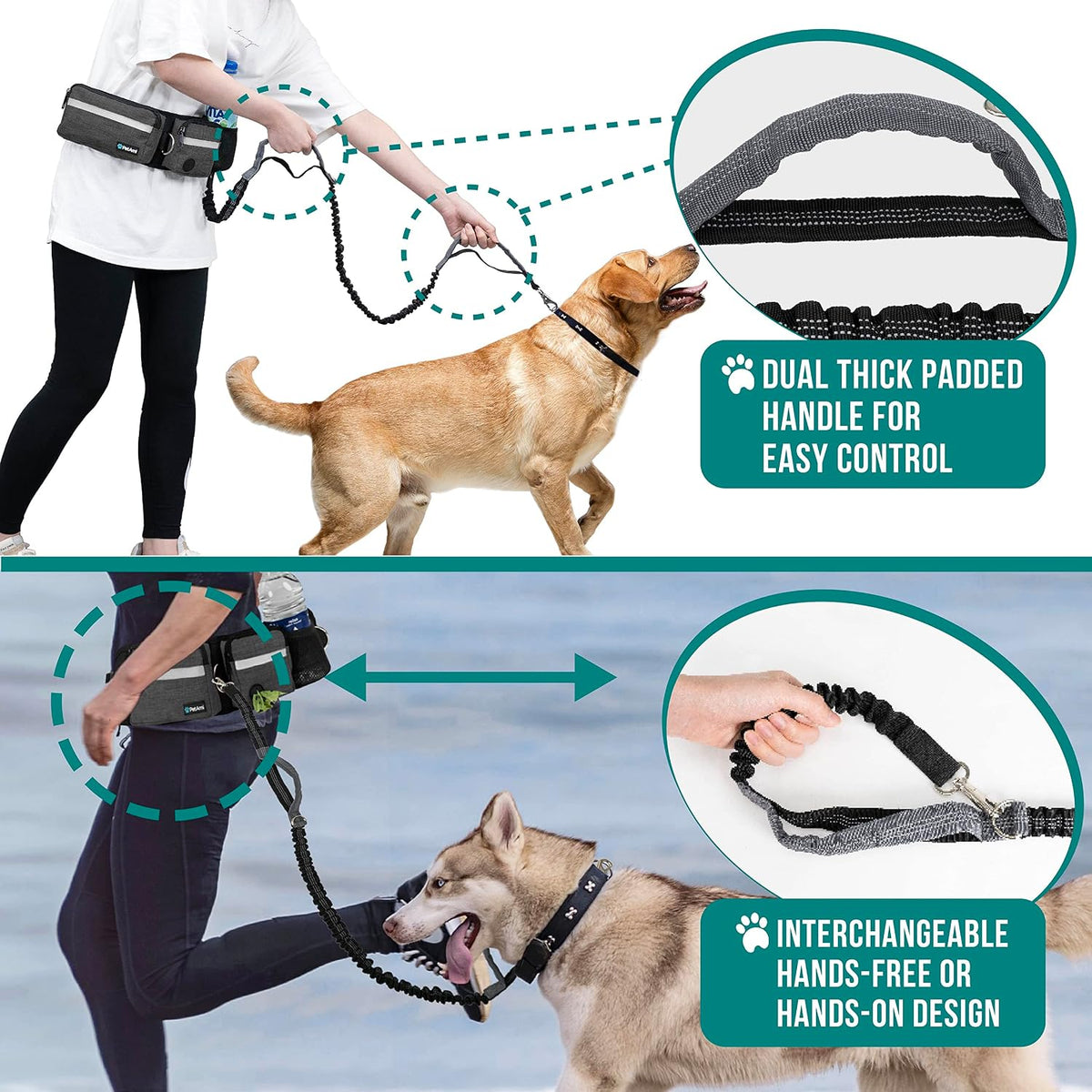 PetAmi Hands Free Dog Leash with Waist Running Belt Bag, Single – Essentials for Dogs - 2 Leashes / Charcoal Grey - image 3