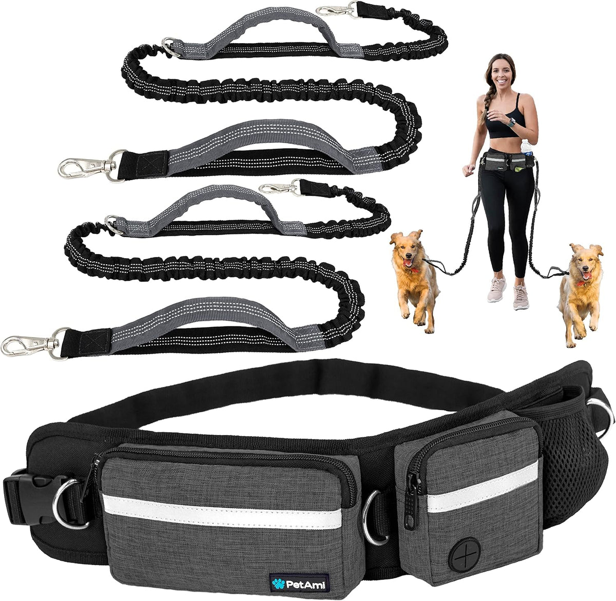 PetAmi Hands Free Dog Leash with Waist Running Belt Bag, Single – Essentials for Dogs - 2 Leashes / Charcoal Grey
