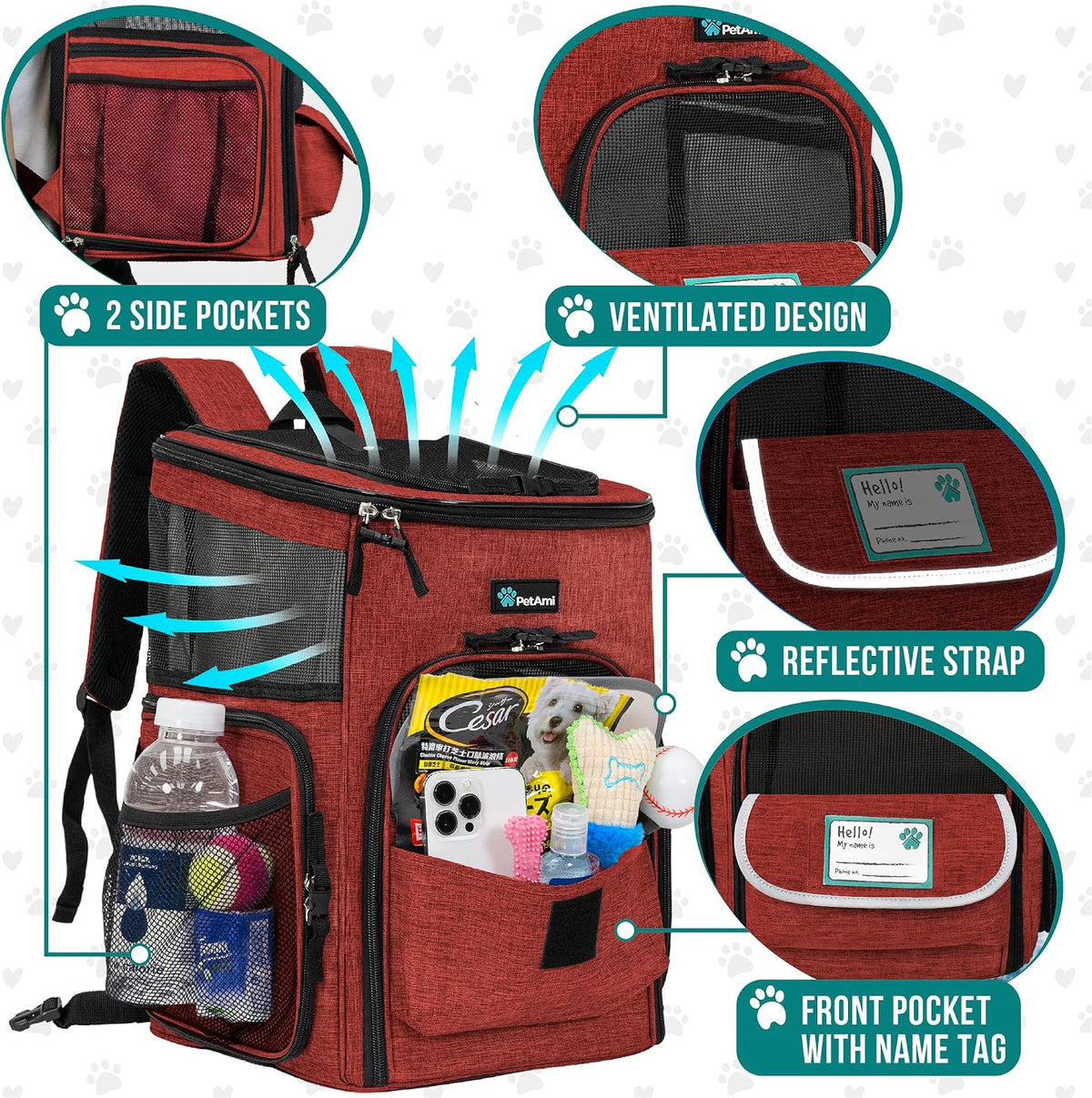 PetAmi Dog Backpack Carrier - Red / 12.5"L x 12.0"W x 16.5"H - image 4