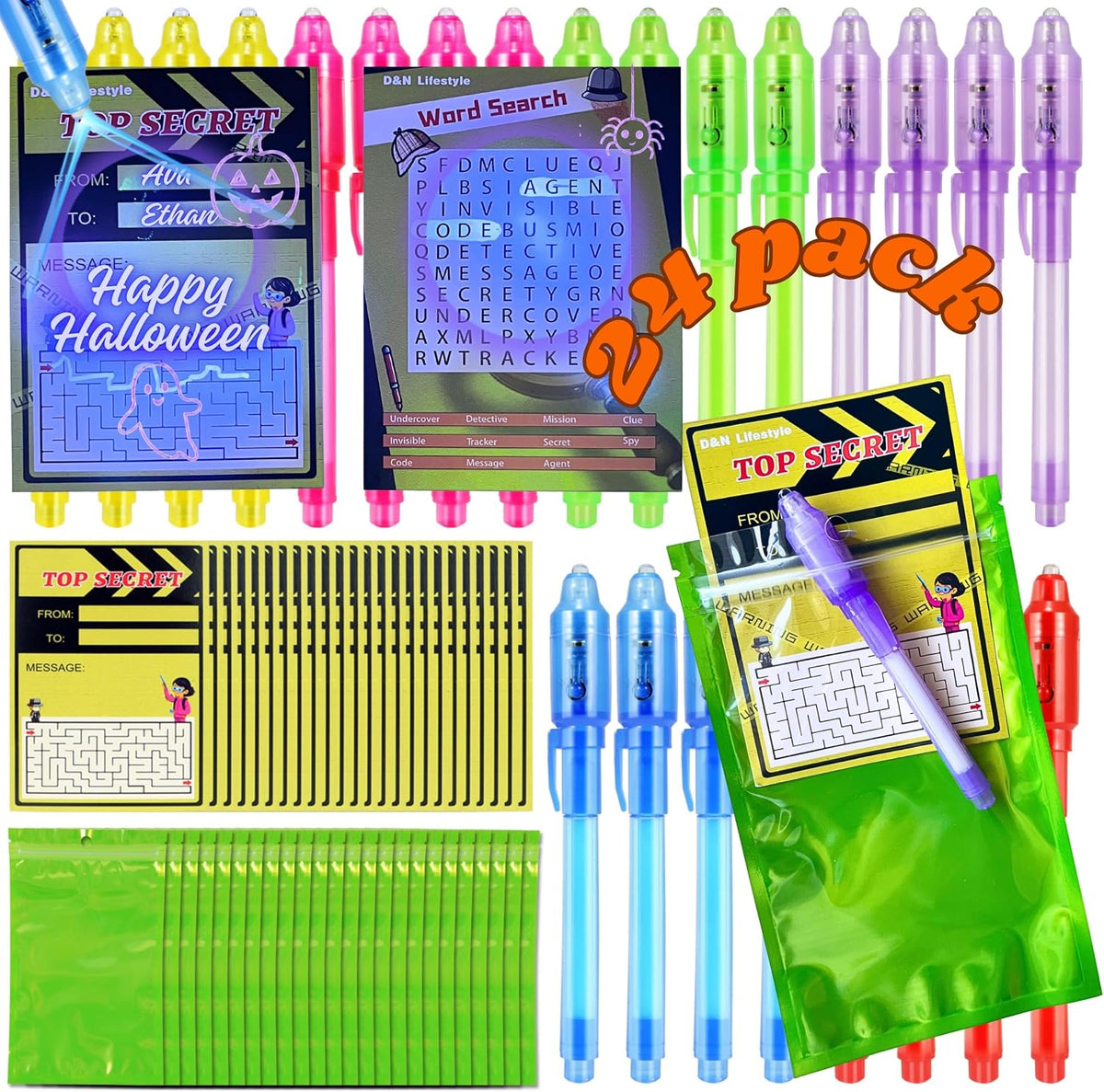 D&N Lifestyle invisible ink pens for kids, 24 UV secret message pens with activity cards and gift bags