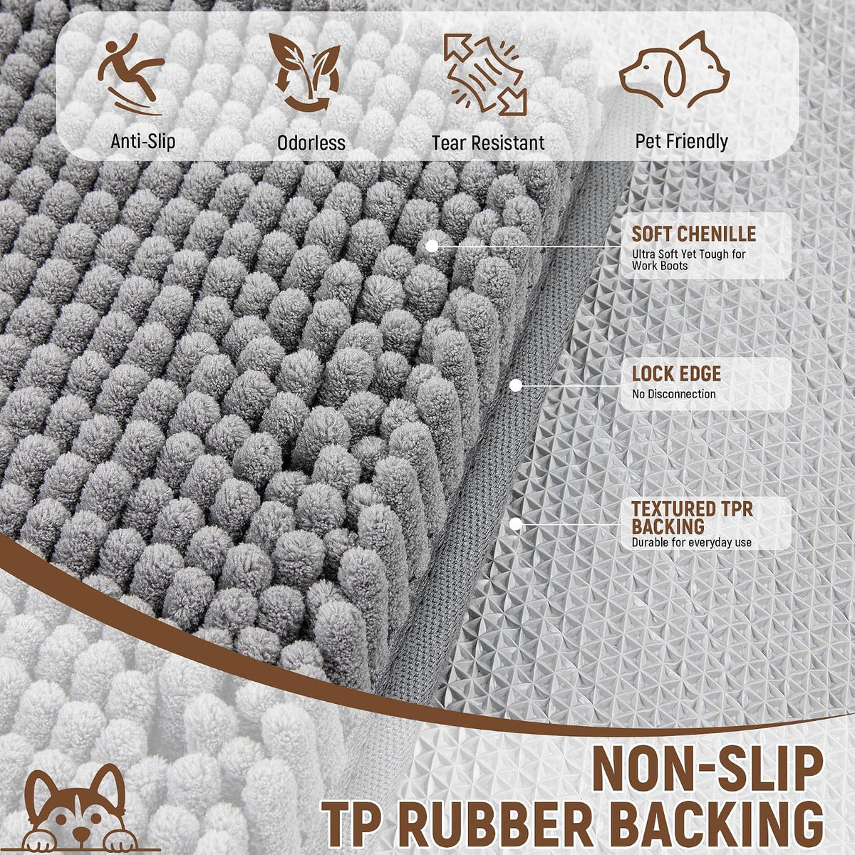 Absorbent Dog Door Mat for Muddy Paws - 72"L x 48"W x 1" Th / Grey with Paw - image 3