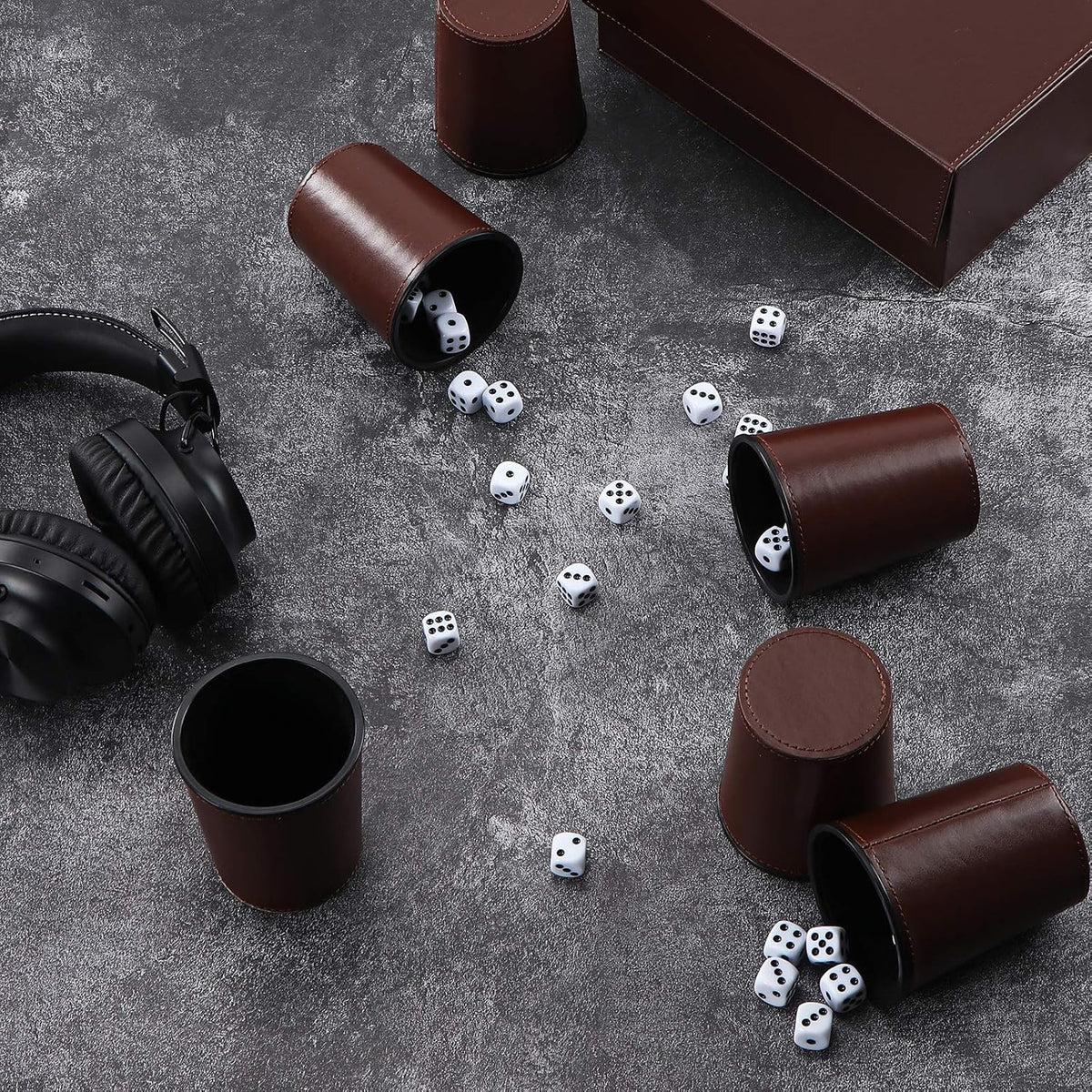 ImnBest set of six black felt-lined leather dice cups with 30 dice and faux leather storage case - view 4
