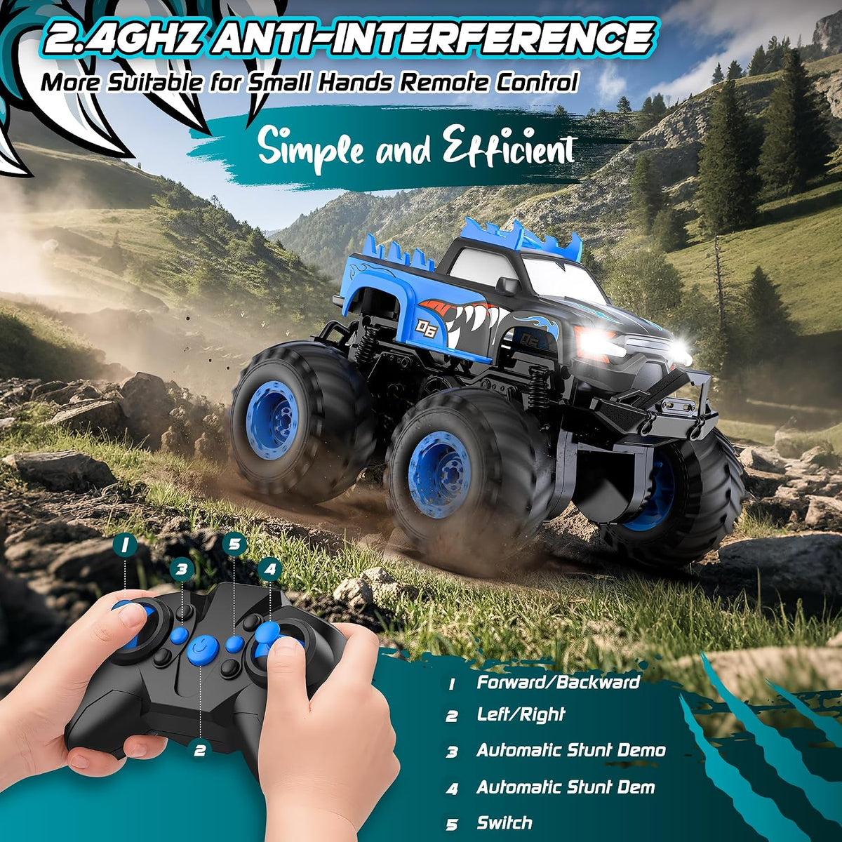 Remote Control Car All-Terrain 1:18 Rc Car with LED Lights 2 Batteries – Fun for Kids & Family - Dark Blue - image 4