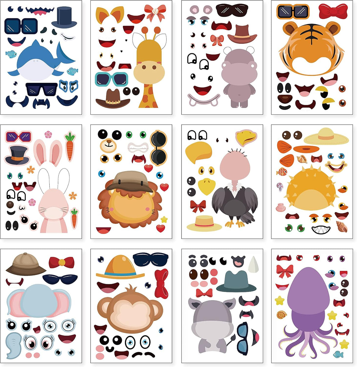 24 Sheets Make a Face Stickers for Kids Toddlers Party Favors Crafts – Fun for Kids & Family - Zoo Animals