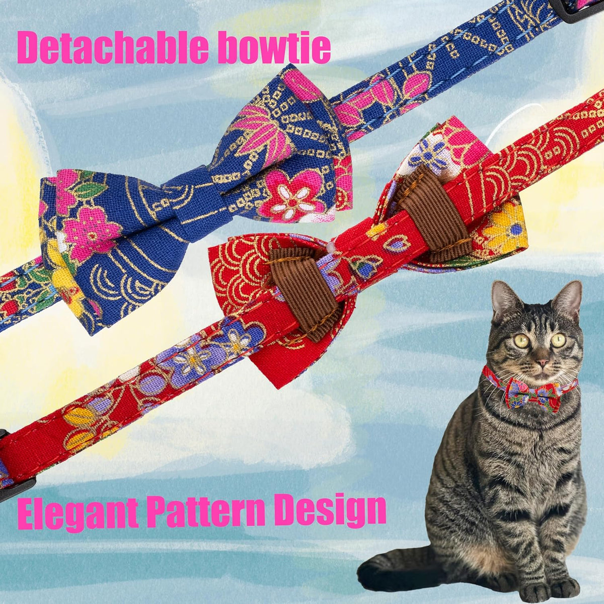 Collar for Cat Pet Breakaway with Bell Bowtie Detachable Bow - Flower-Navy Blue & Red - image 3
