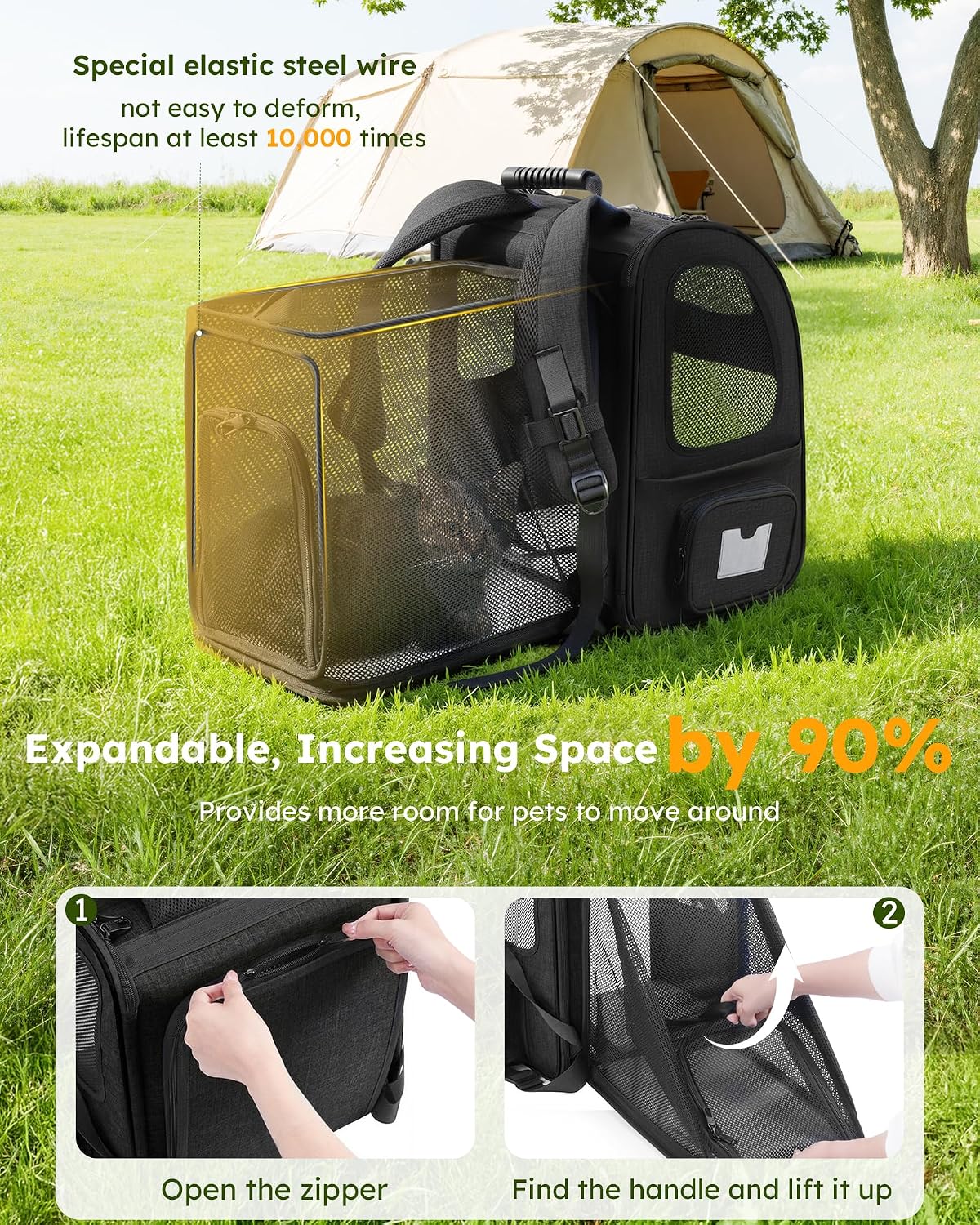 pecute Cat Backpack Expandable - Black / 12.6"L x 10.2"W x 16.5"H / Acrylic Window - image 2