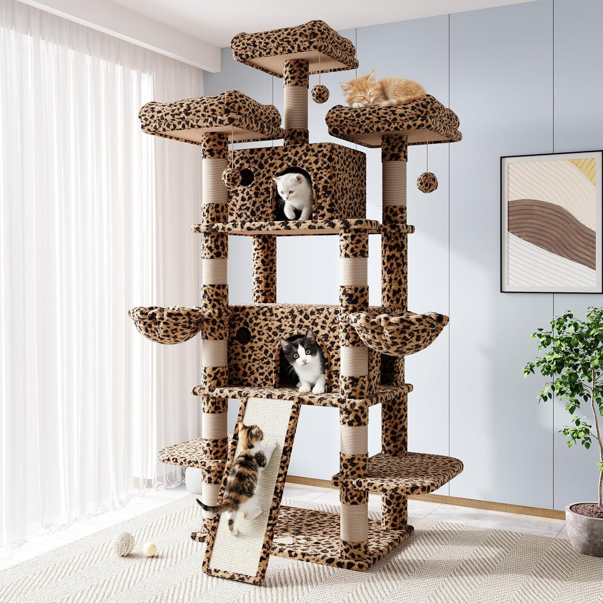 Allewie 68 Inches Cat Tree/House and Towers for Big Feline/Scratching - 82 in / Leopard Print