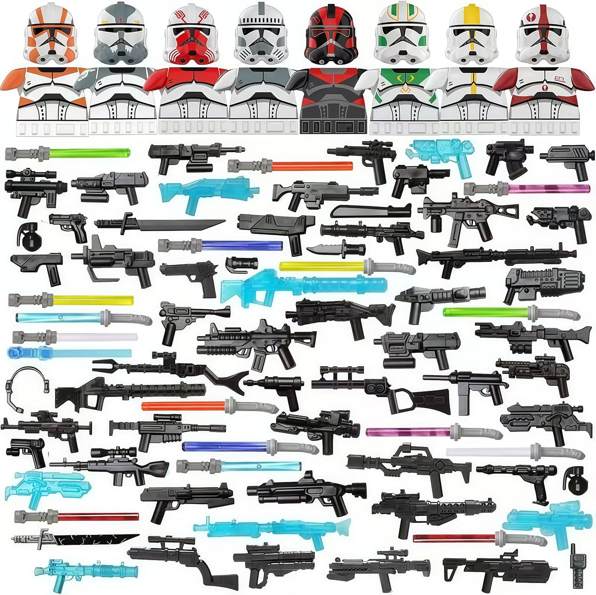 EPAZISOH 81 piece sci-fi minifigure weapon and armor kit with helmets, swords and energy guns