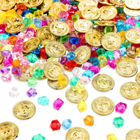 Skylety 200 piece pirate treasure set with gold plastic coins and colorful gems