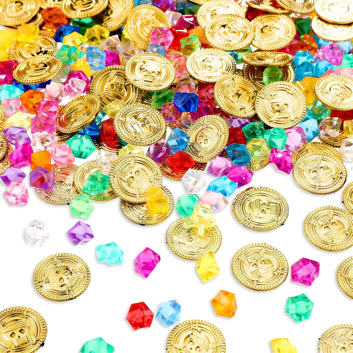 Skylety 200 piece pirate treasure set with gold plastic coins and colorful gems
