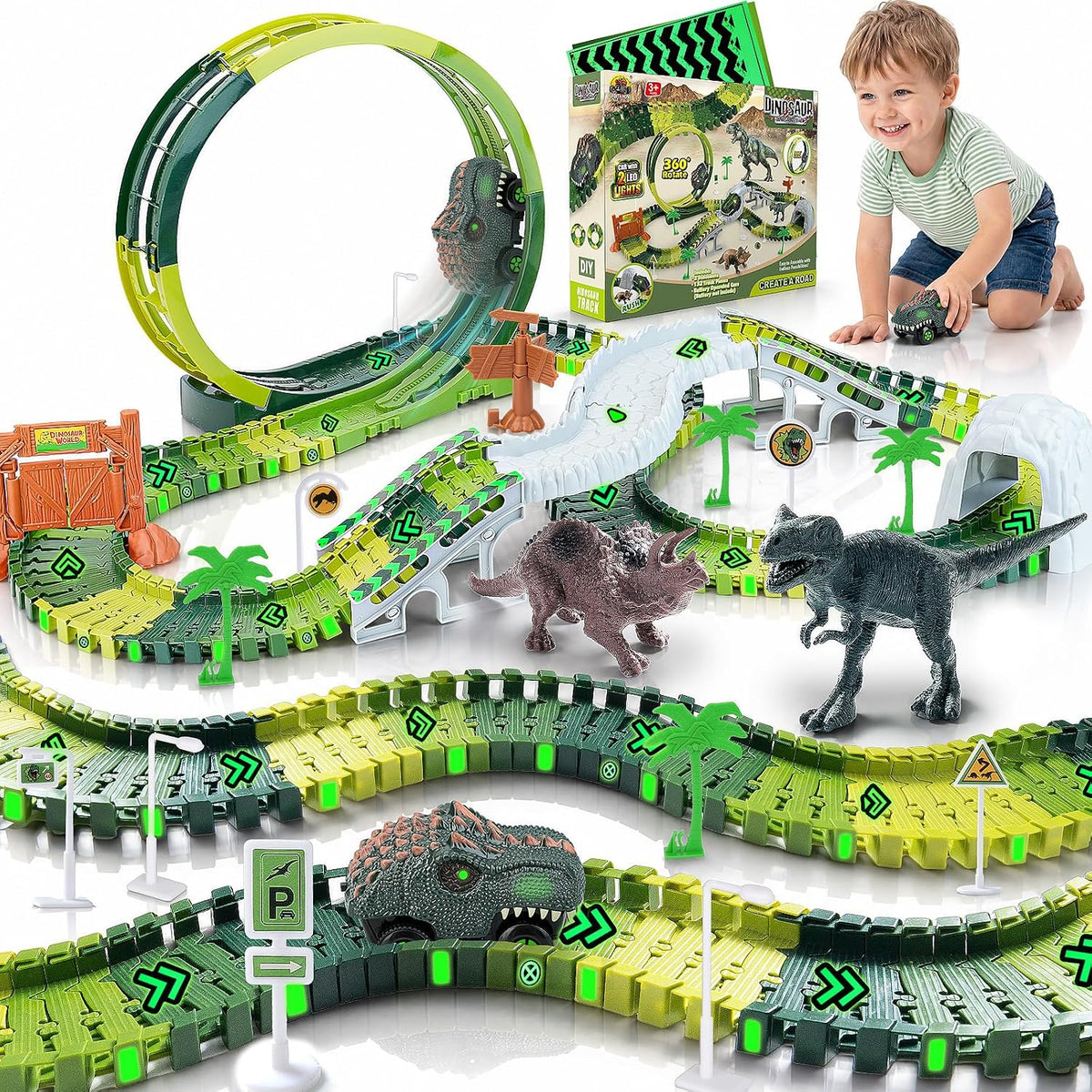 264 PCS Construction Race Tracks for Kids Toys - 360° Dino Race Track