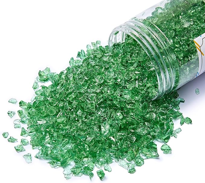 TWINKLING High Luster Fire Glass Gravel Stone Glitter,Broken Glass,Fire Gems Chips,Crushed Glass for Fire Pit Crafts Resin Art Aquarium Garden Decoration,3-6mm,1-Pound Jar (Light Green)