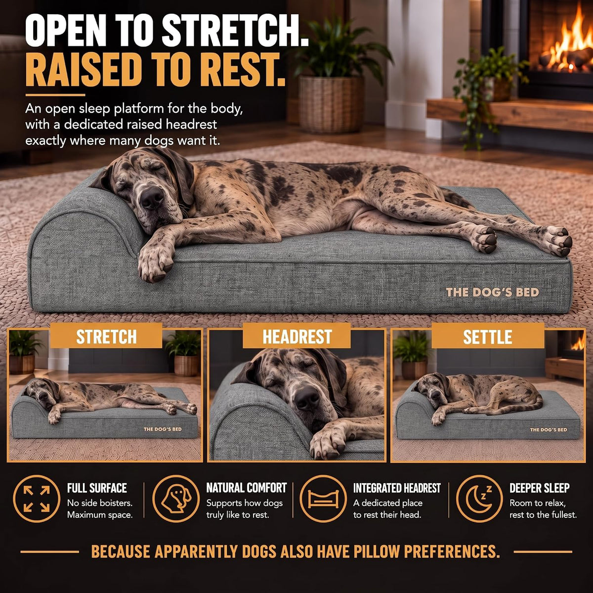 The Dog’s Bed Orthopedic Memory Foam Dog Bed with Headrest XL 6-Inch – Essentials for Dogs - Grey Linen / XXL (54"L x 36"W x 6"Th) - image 4
