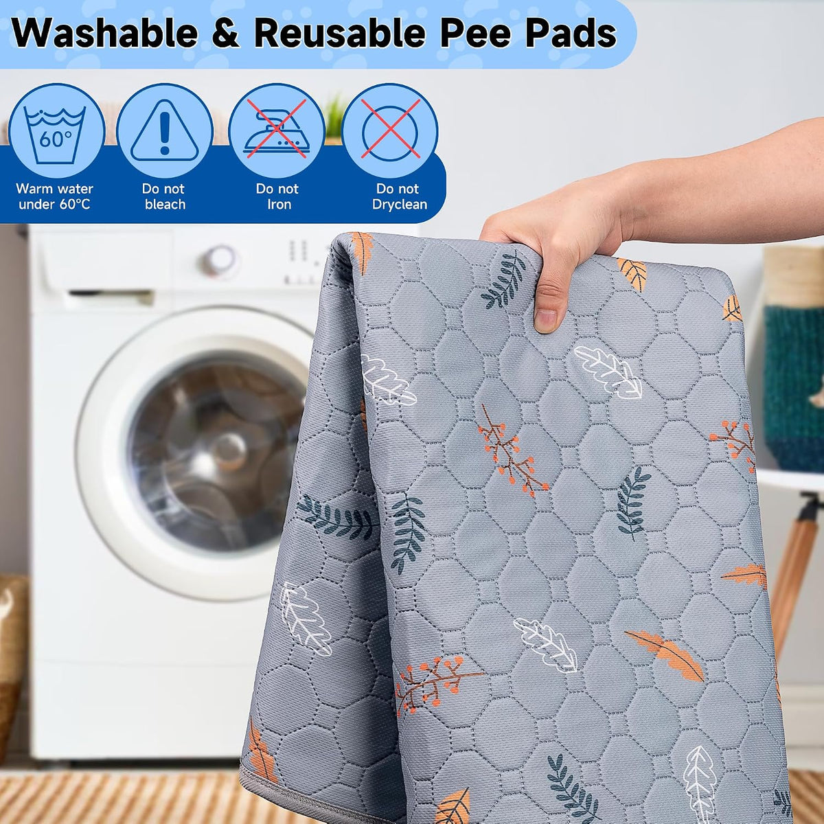 Washable Pee Pads for Dogs - Leaves - Light Grey / 31x36 Inch (Pack of 2) - image 3