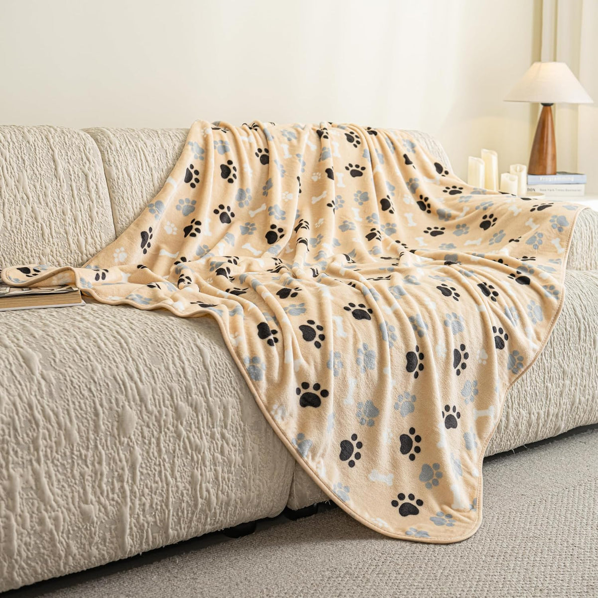 Dog Blanket Paw Bone Pattern 1 Pack 2 Super Soft Warm Flannel Sofa - 60*50 inch (Pack of 2) / Beige|paw Bone - image 2